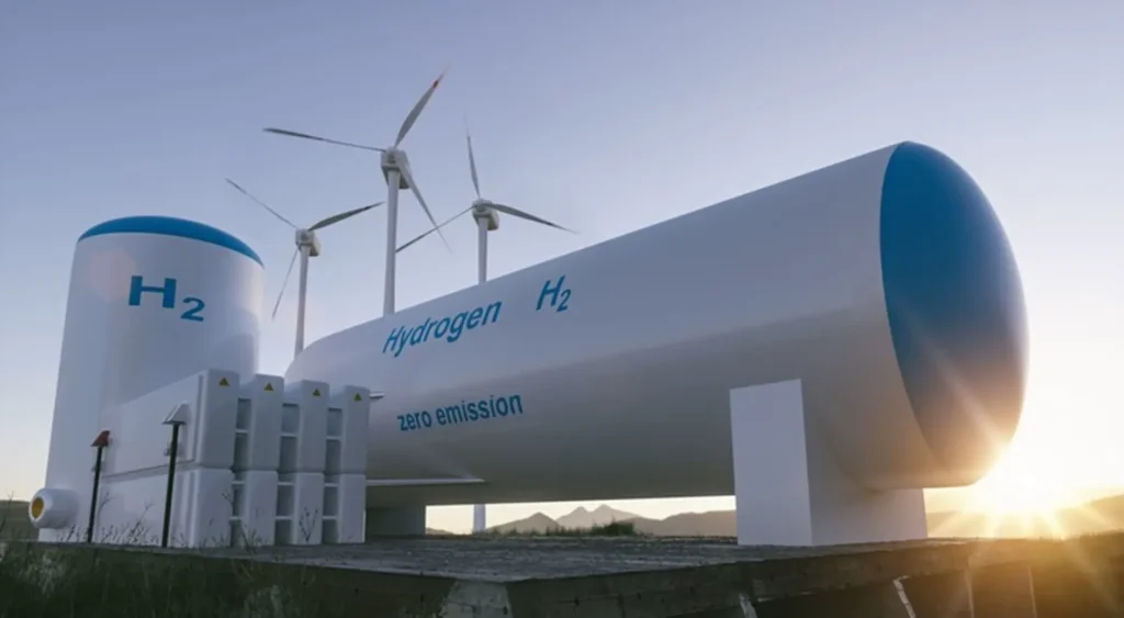 Cuves d'hydrogène et éolienne dans le fond